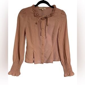 Simple Retro Blush Ruffle Tie Neck Blouse Lyocell Romantic Cottagecore Small